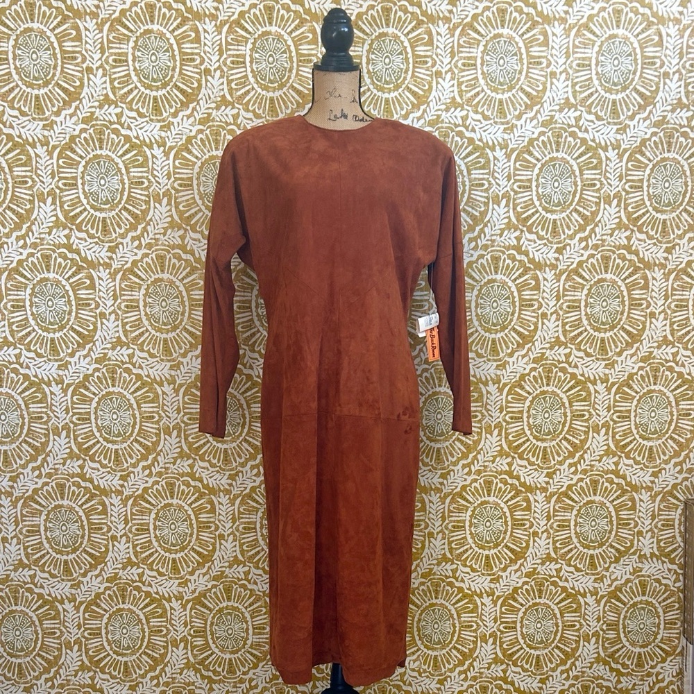 NWT Della Roufogali Vintage Rare Suede Dolman Sleeve Midi Dress in Spice M/L